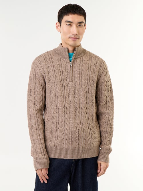 Cable Knit Zip-Up Funnel Neck Sweater - Kiabi