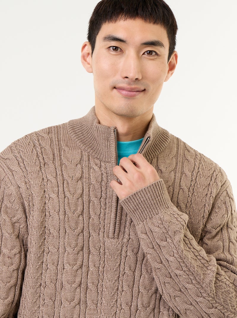Cable Knit Zip-Up Funnel Neck Sweater Beige - Kiabi