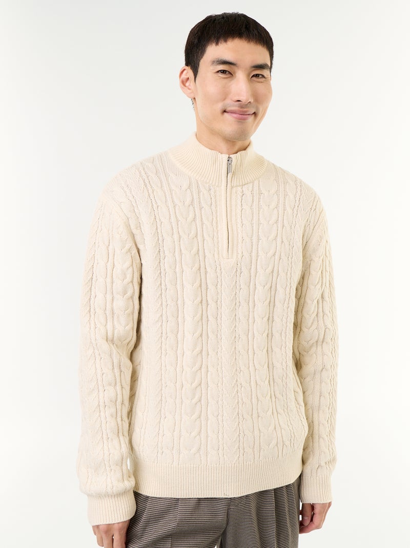 Cable Knit Zip-Up Funnel Neck Sweater White - Kiabi