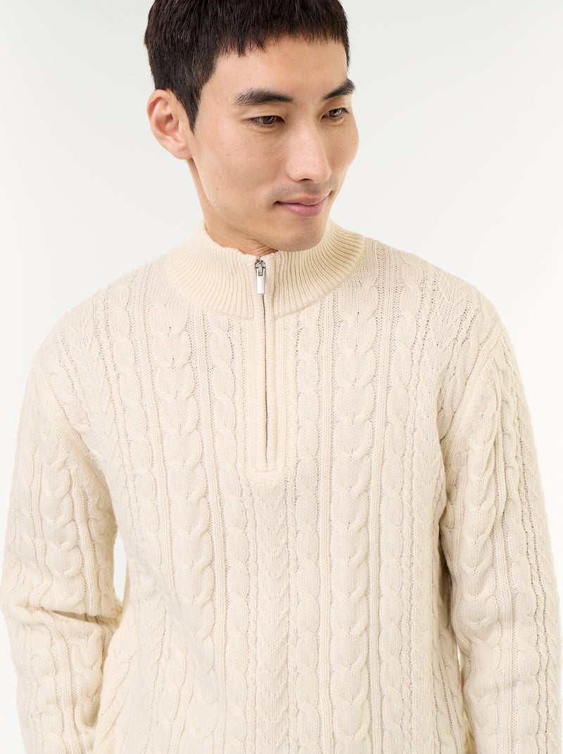 Cable Knit Zip-Up Funnel Neck Sweater White - Kiabi