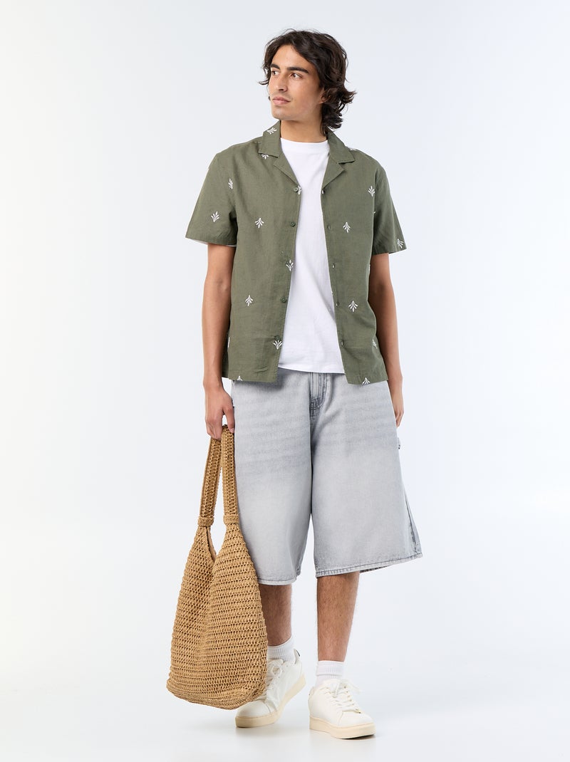 Camicia a maniche corte con ricami Verde - Kiabi