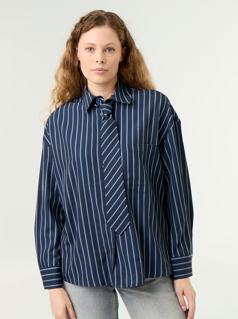 Camicia a righe con taschino sul petto + cravatta coordinata - 2 pezzi Blu - Kiabi