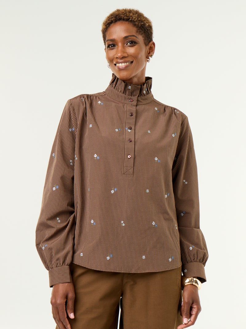 Camicia con collo fantasia e ricami all over Marrone - Kiabi