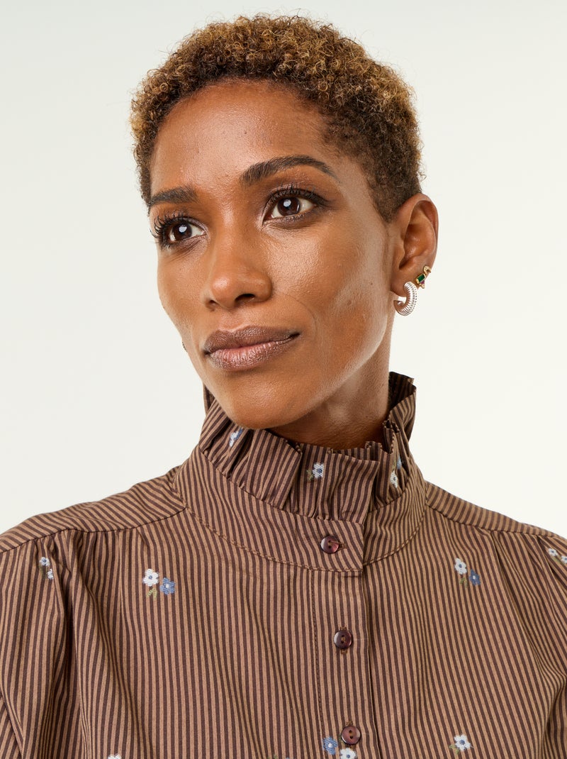 Camicia con collo fantasia e ricami all over Marrone - Kiabi