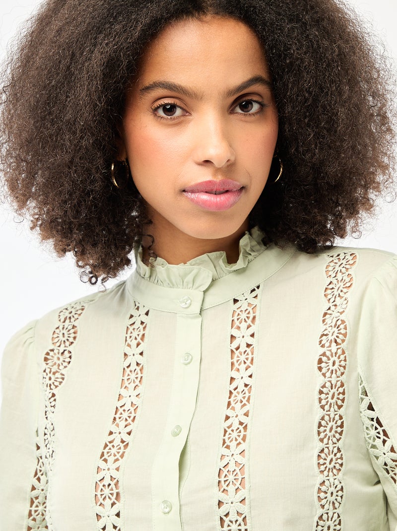 Camicia con ricami inglesi e volant al collo Verde - Kiabi