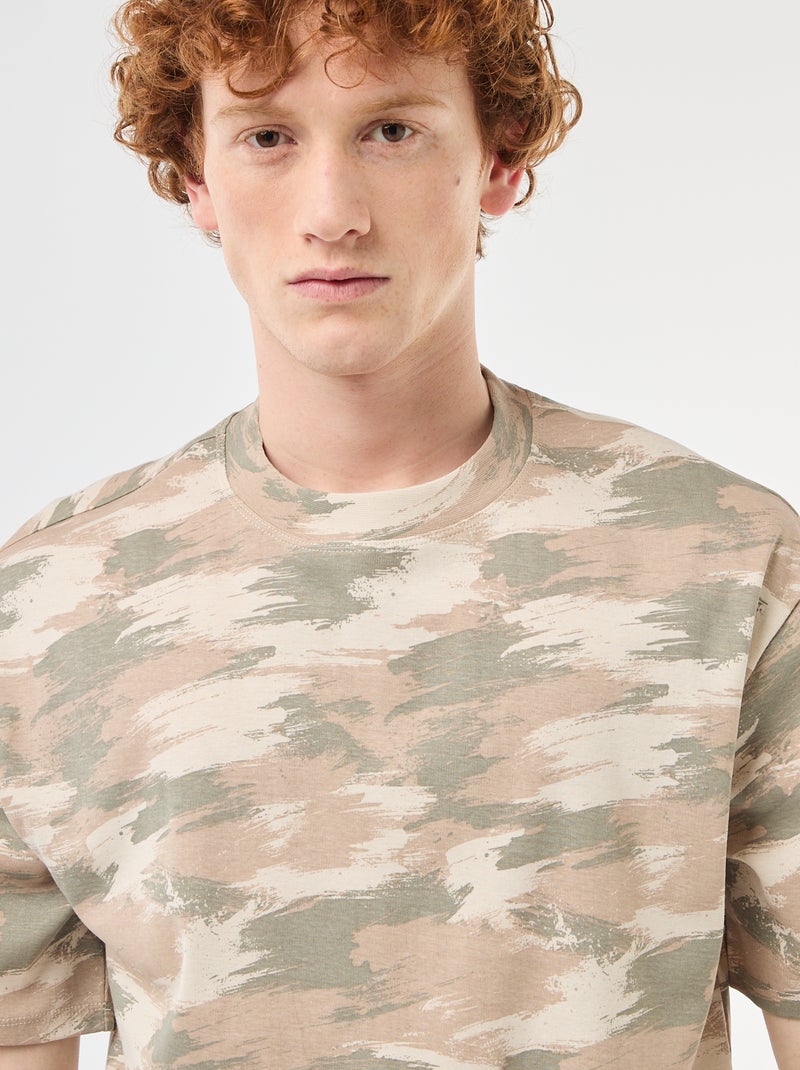 Camouflage Print Crew Neck Cotton T-Shirt Green - Kiabi