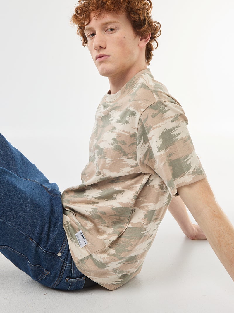 Camouflage Print Crew Neck Cotton T-Shirt Green - Kiabi