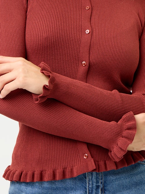 Cardigan a costine tinta unita con finiture a volant - Kiabi