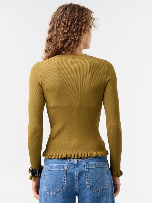 Cardigan a costine tinta unita con finiture a volant - Kiabi