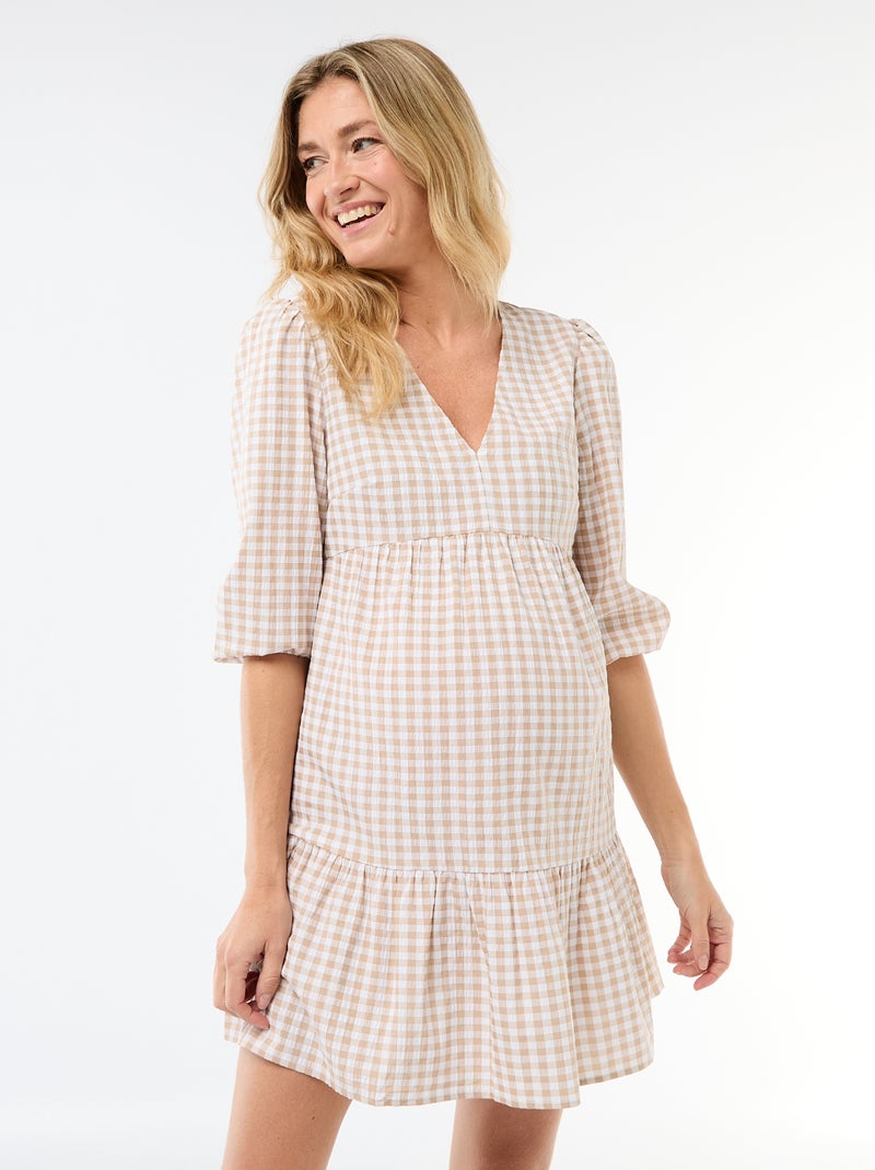 Checked Tiered Mini Dress Beige - Kiabi