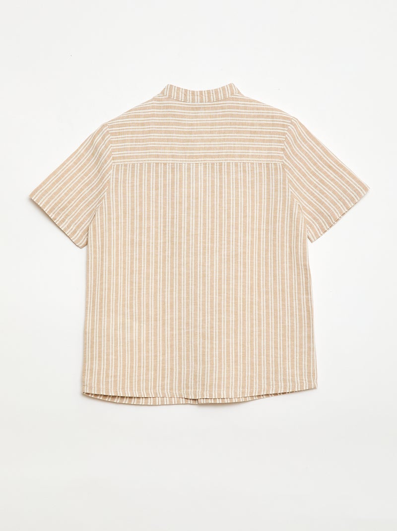 Chemise à col mao à manches courtes en coton et lin Beige - Kiabi