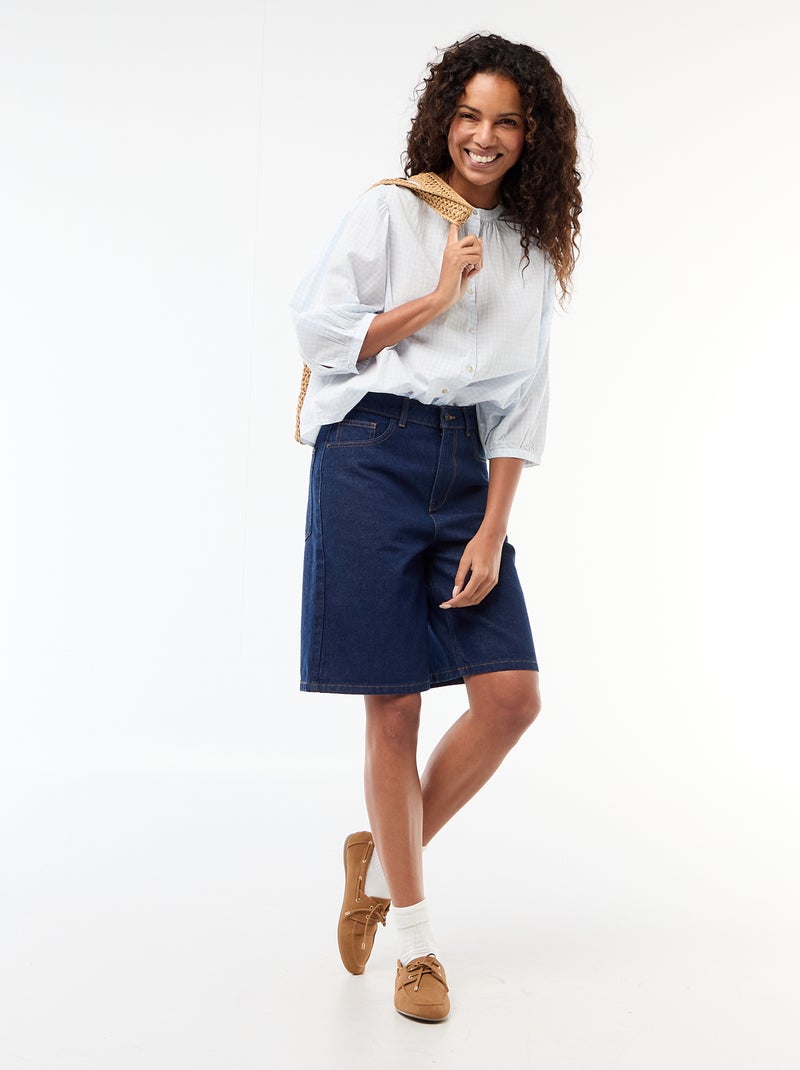 Chemise à col mao et manches 3/4 Bleu - Kiabi