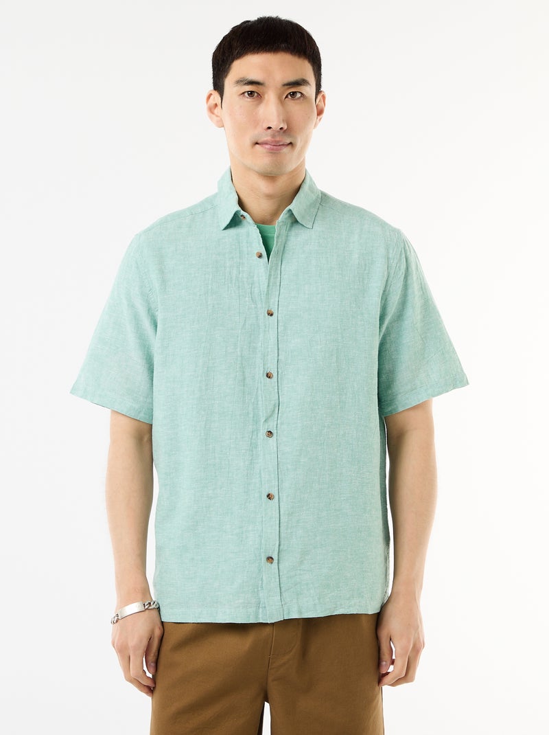 Chemise à manches courtes en lin mélangé Bleu - Kiabi