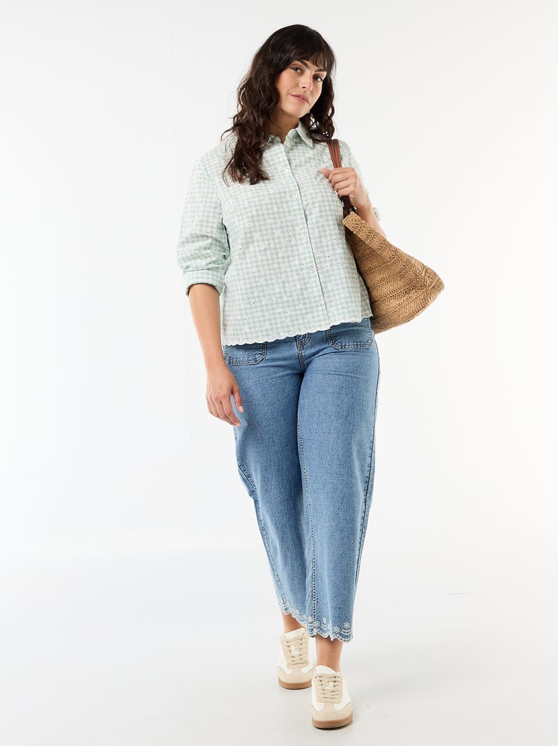 Chemise avec broderie anglaise et détails ondulés Vert à carreaux - Kiabi