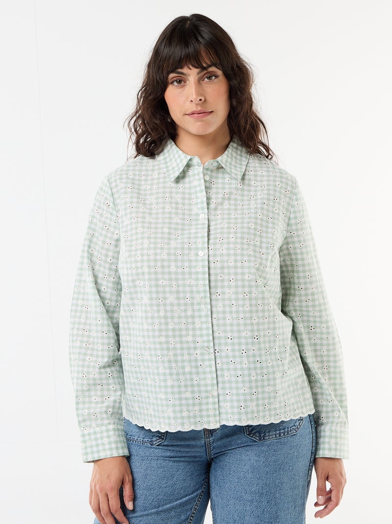 Chemise avec broderie anglaise et détails ondulés Vert à carreaux - Kiabi
