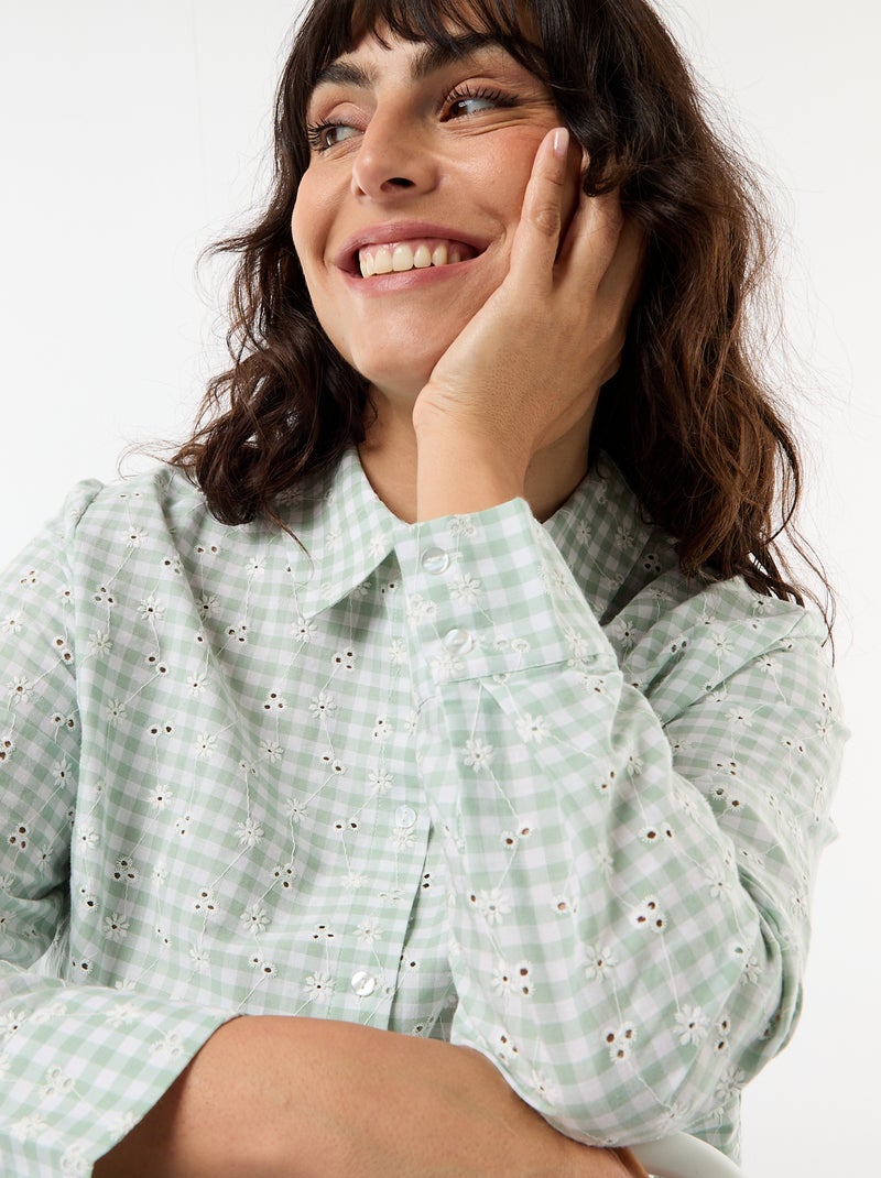 Chemise avec broderie anglaise et détails ondulés Vert à carreaux - Kiabi
