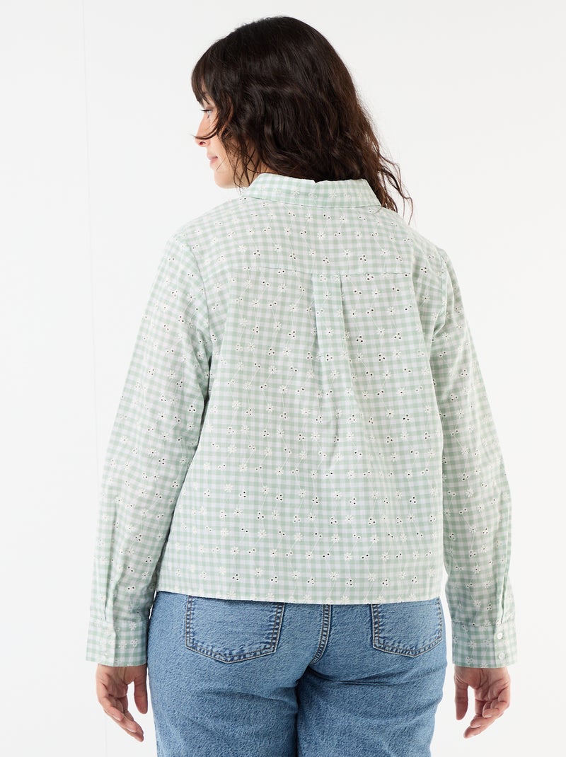 Chemise avec broderie anglaise et détails ondulés Vert à carreaux - Kiabi