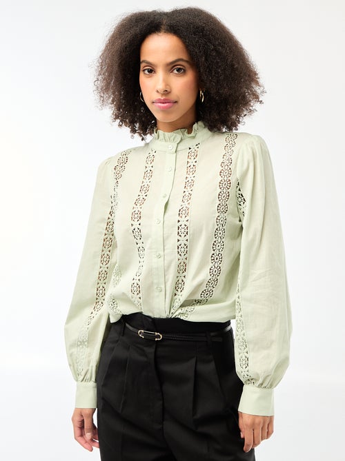 Chemise avec broderies anglaises et volants au col - Kiabi