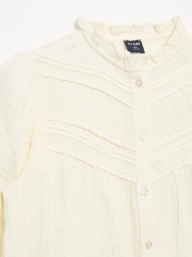 Chemise avec col volanté et broderies Beige - Kiabi