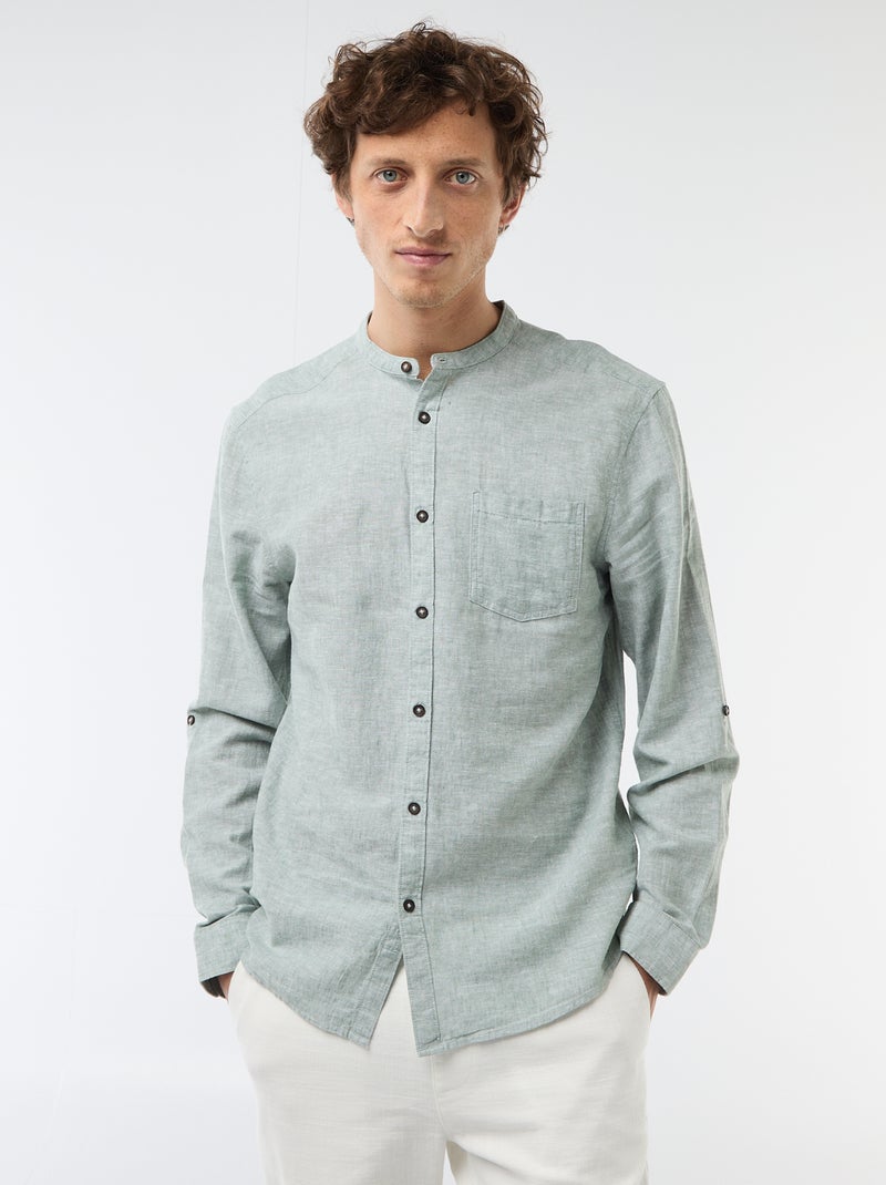 Chemise col mao avec lin Vert - Kiabi