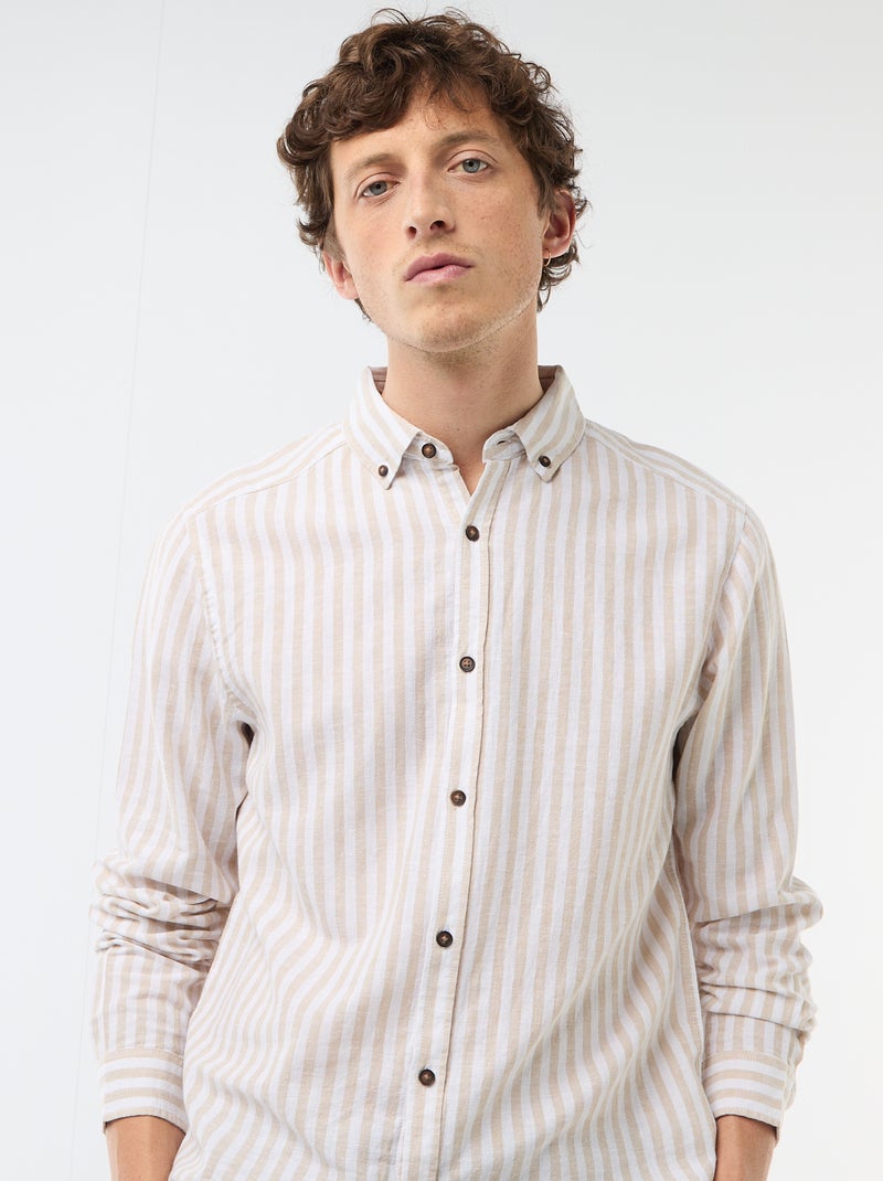 Chemise en lin et coton rayée Beige - Kiabi
