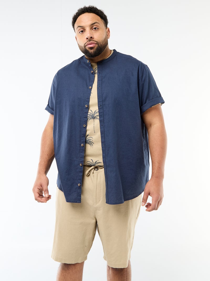 Chemise en lin mélangé à manches courtes Bleu - Kiabi