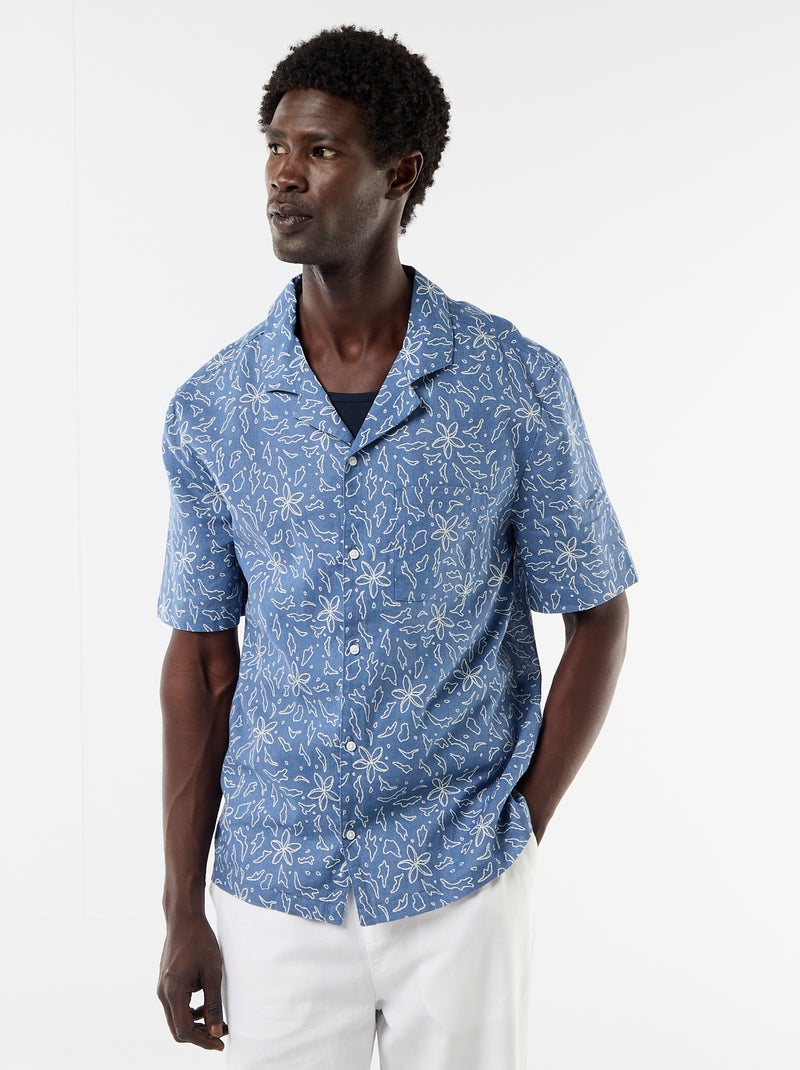 Chemise en lin mélangé à manches courtes Bleu - Kiabi