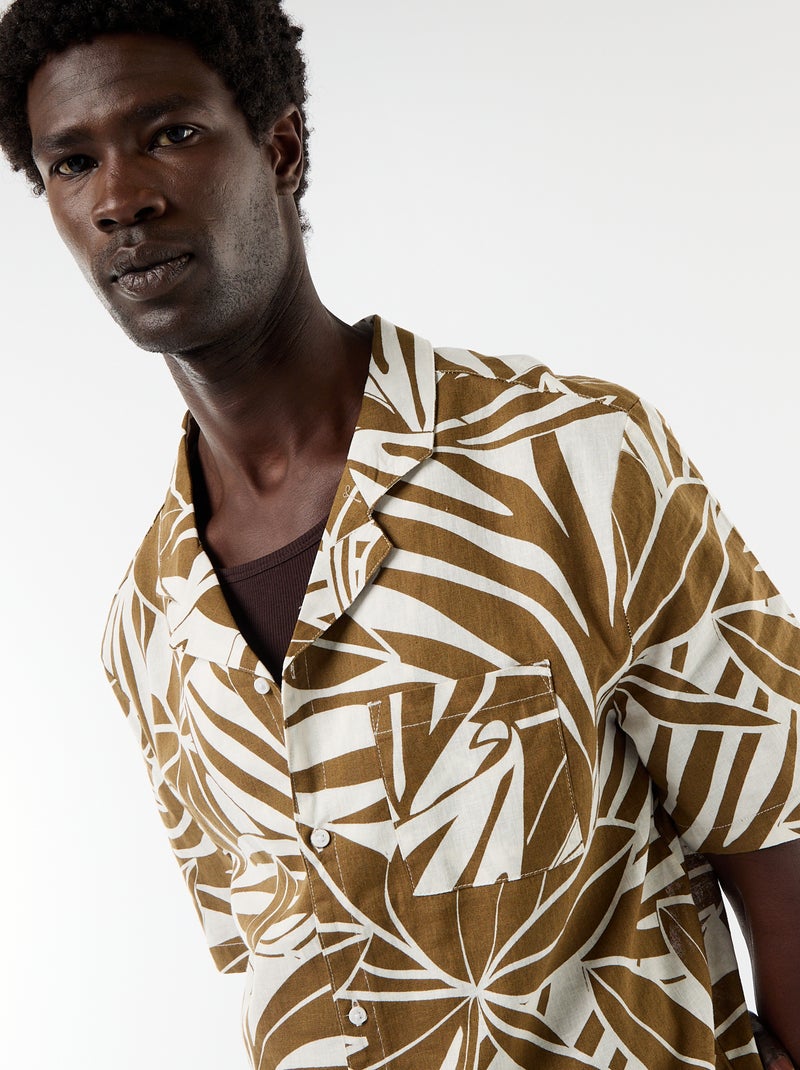 Chemise en lin mélangé à manches courtes Kaki - Kiabi