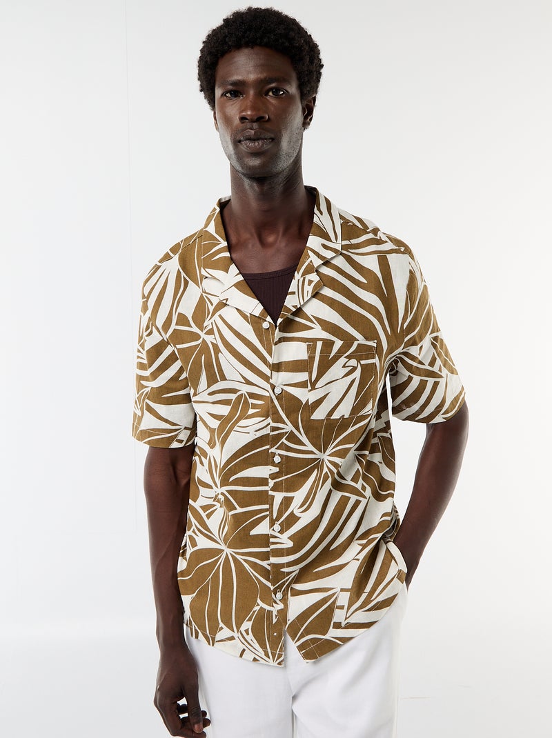 Chemise en lin mélangé à manches courtes Kaki - Kiabi