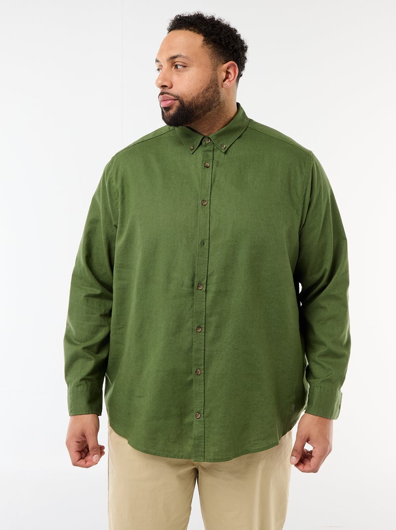Chemise en lin mélangé unie Vert - Kiabi