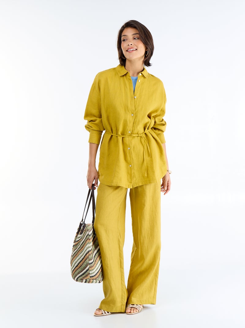 Chemise longue unie en lin Vert - Kiabi