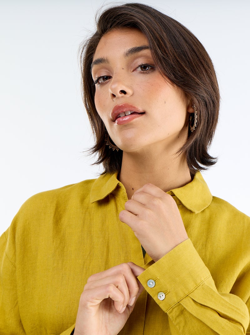 Chemise longue unie en lin Vert - Kiabi