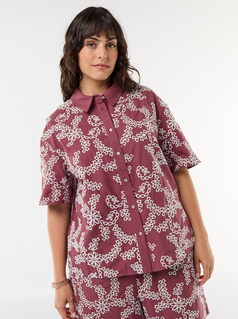 Chemise manches courtes avec broderies Rose - Kiabi