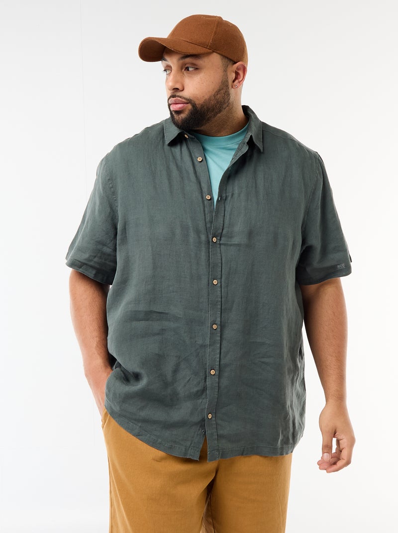 Chemise manches courtes en lin Kaki - Kiabi