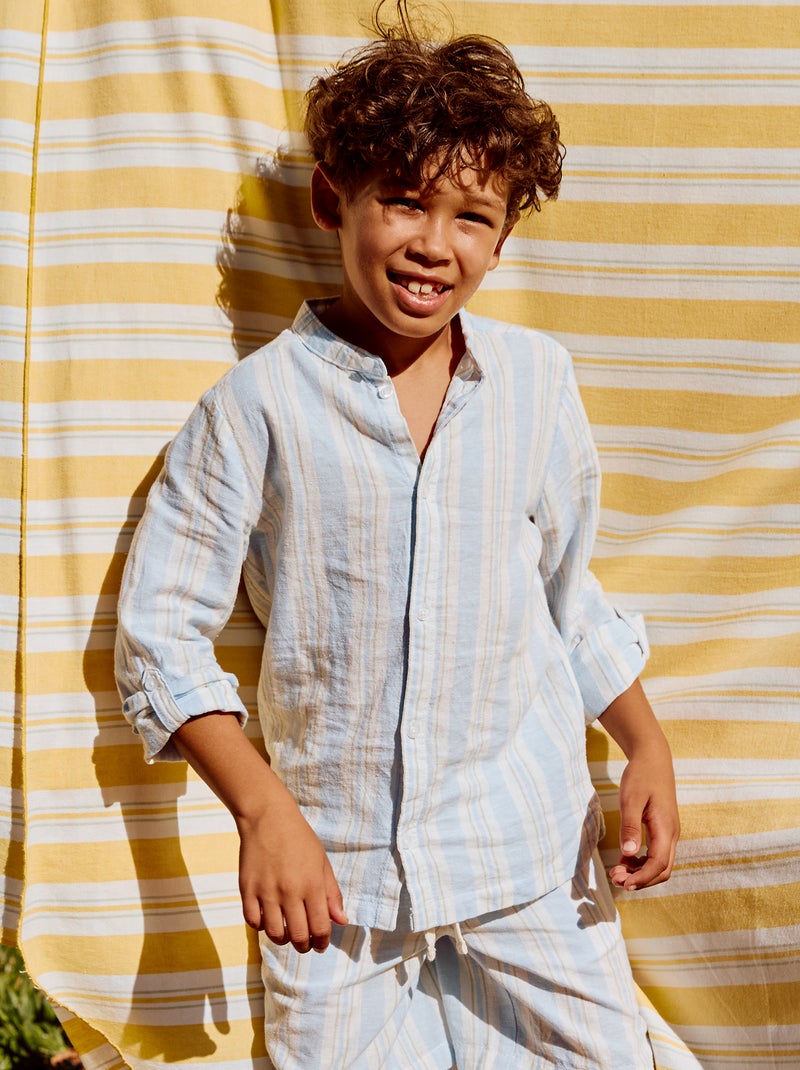 Chemise rayée col mao en lin et coton Bleu - Kiabi
