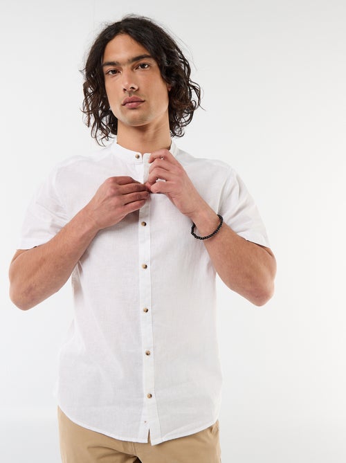 Chemise unie à manches courtes et col mao en lin mélangé - Kiabi