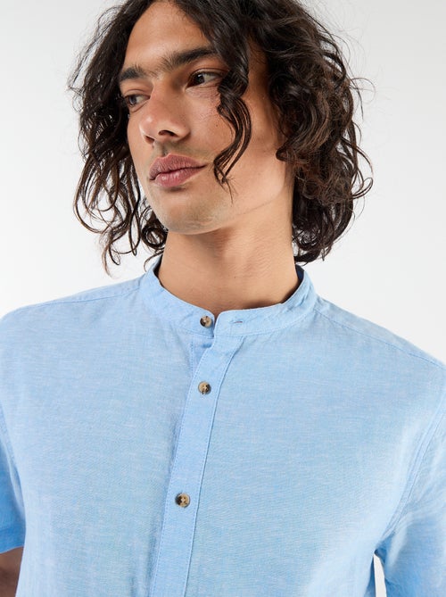 Chemise unie à manches courtes et col mao en lin mélangé - Kiabi