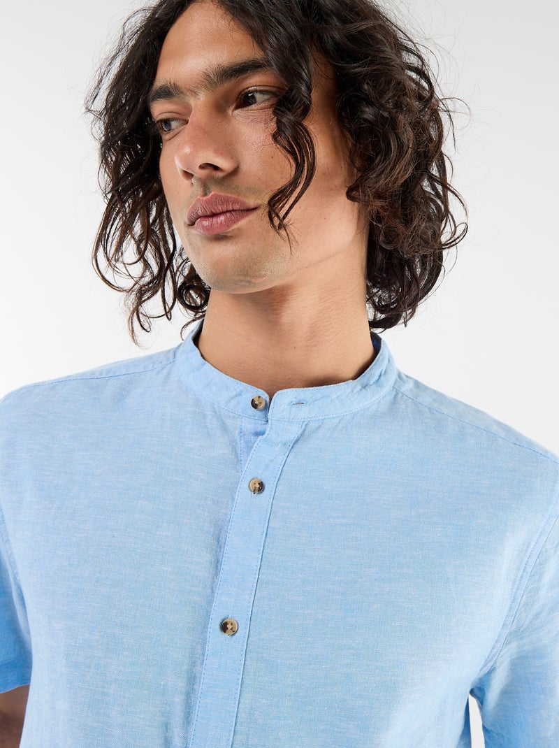 Chemise unie à manches courtes et col mao en lin mélangé Bleu - Kiabi