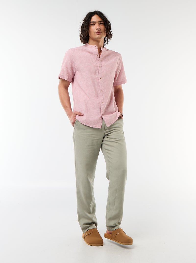 Chemise unie à manches courtes et col mao en lin mélangé Rose - Kiabi