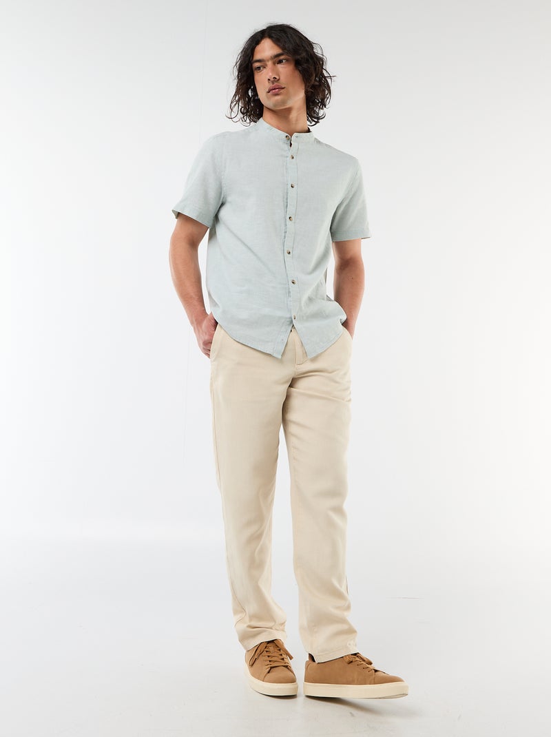 Chemise unie à manches courtes et col mao en lin mélangé Vert - Kiabi