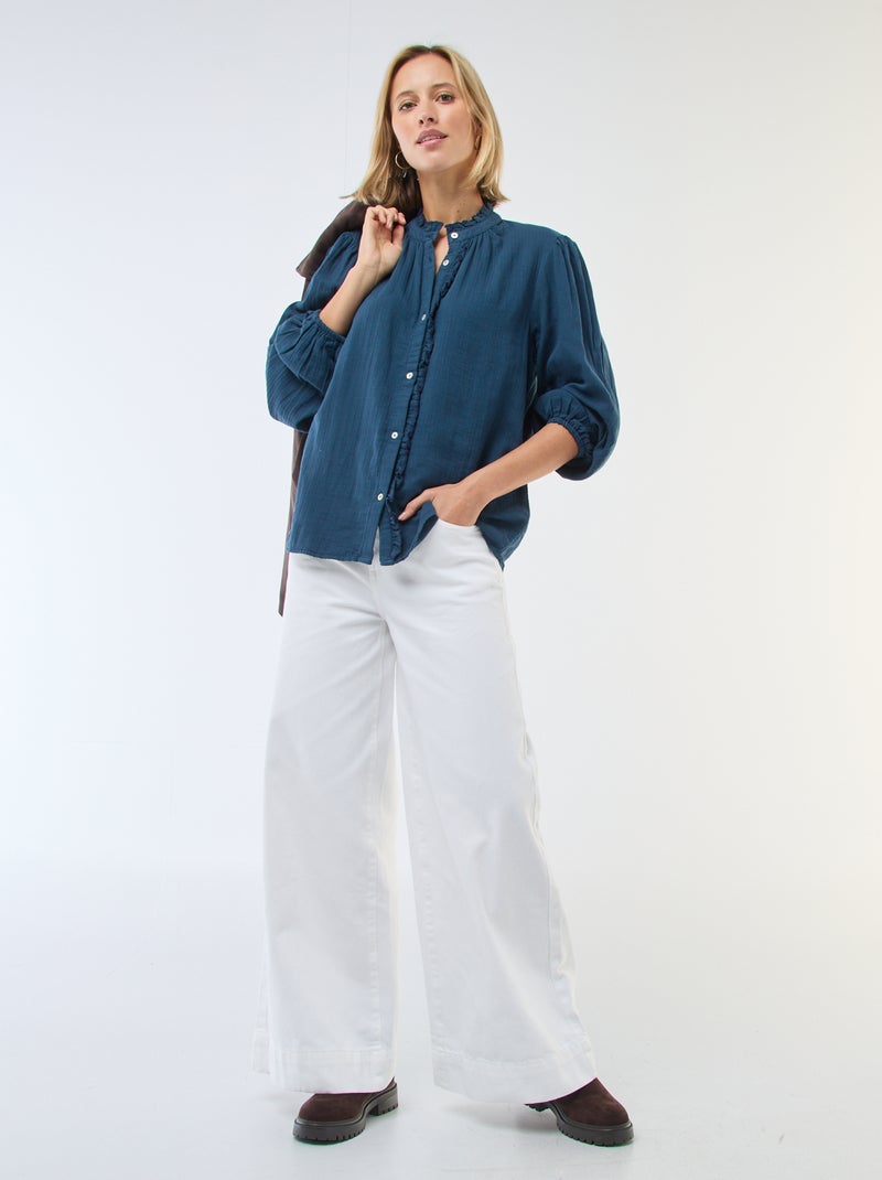 Chemisier en gaze de coton avec bords ondulés Bleu - Kiabi