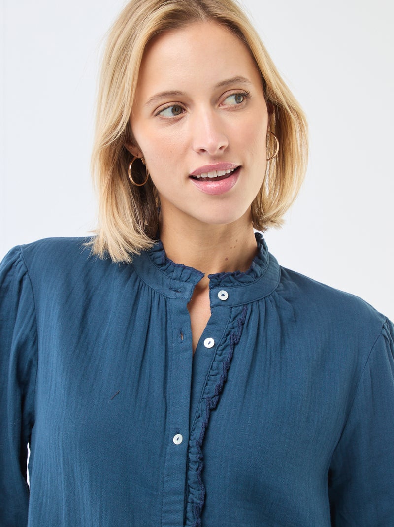 Chemisier en gaze de coton avec bords ondulés Bleu - Kiabi