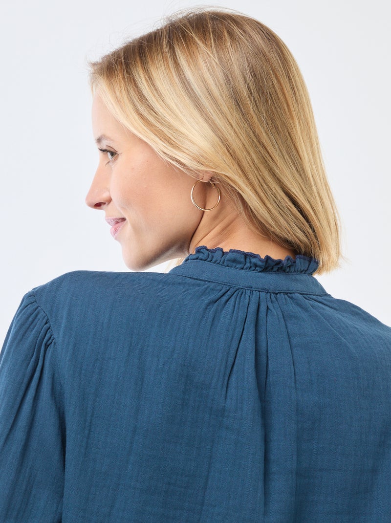 Chemisier en gaze de coton avec bords ondulés Bleu - Kiabi