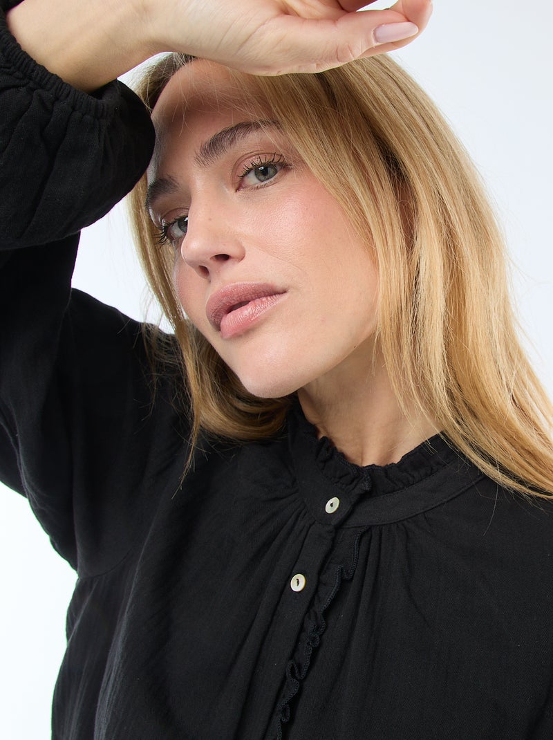 Chemisier en gaze de coton avec bords ondulés Noir - Kiabi