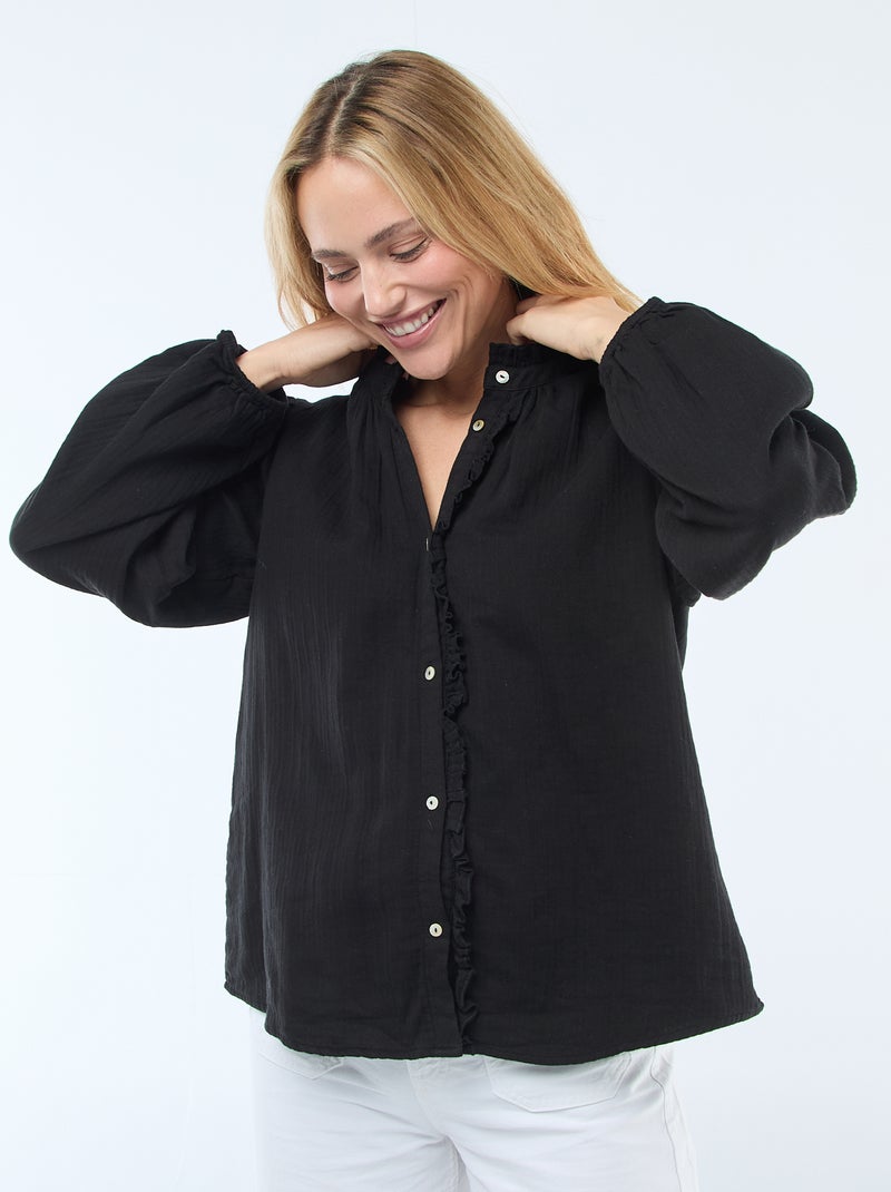Chemisier en gaze de coton avec bords ondulés Noir - Kiabi