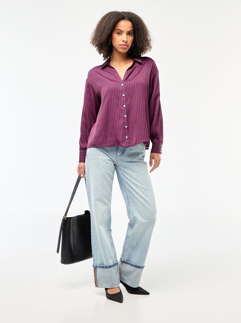 Chemisier manches longues en satin uni Bleu - Kiabi