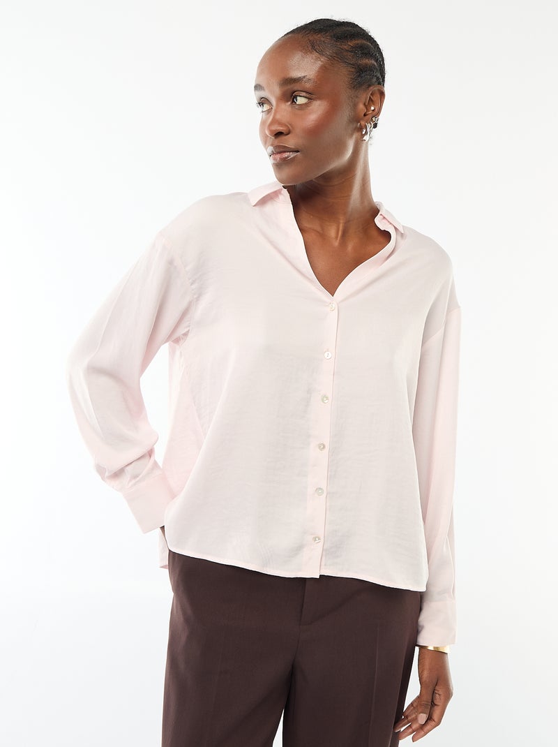 Chemisier manches longues en satin uni Rose - Kiabi
