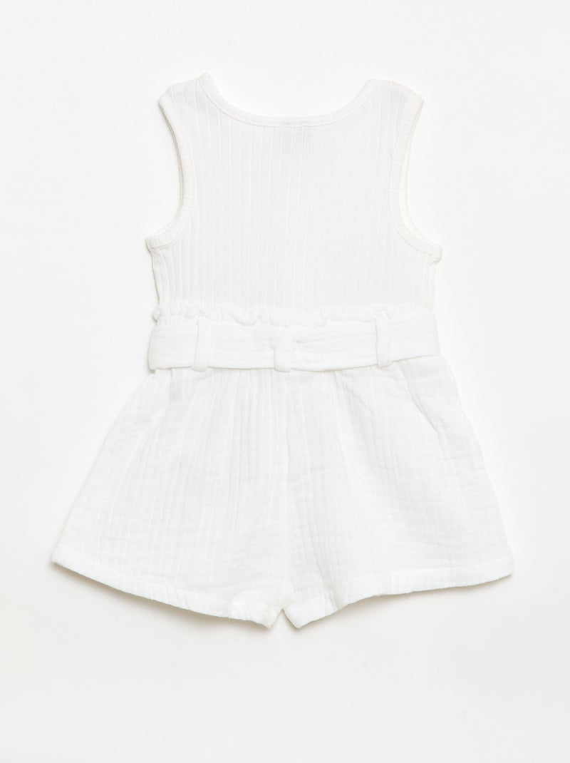 Combinaison short en double gaze de coton + ceinture à nouer Blanc - Kiabi