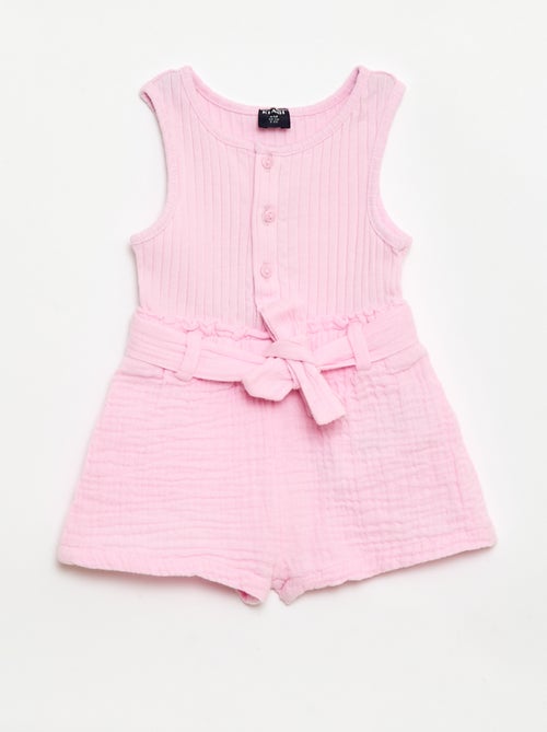 Combinaison short en double gaze de coton + ceinture à nouer - Kiabi