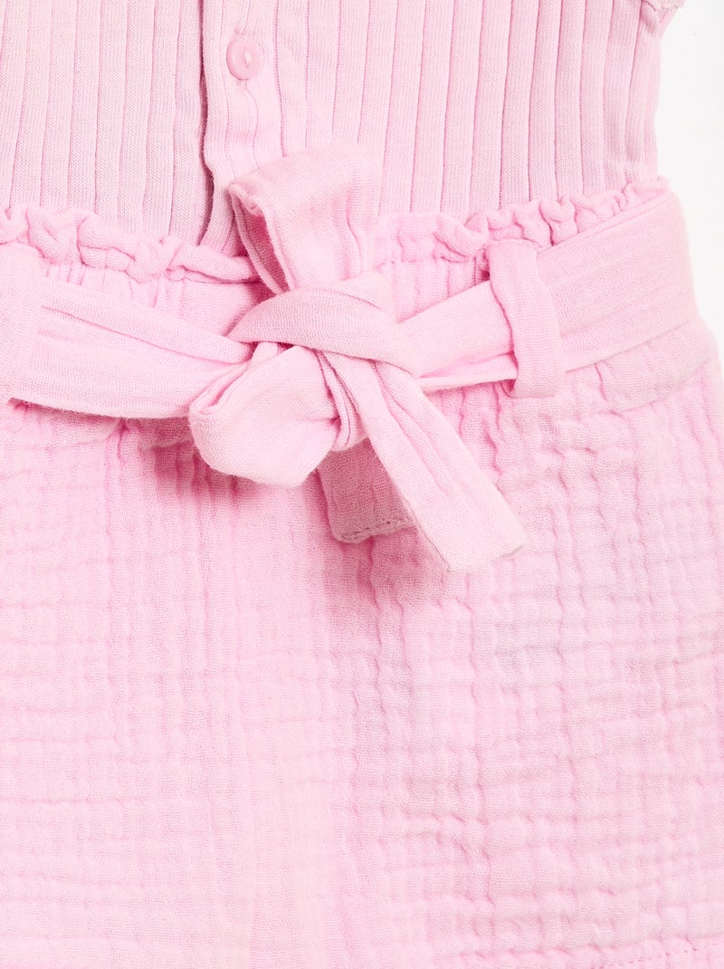 Combinaison short en double gaze de coton + ceinture à nouer Rose - Kiabi